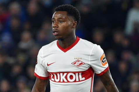 <p>Spartak's Quincy Promes looks on, during the Europa League Group C soccer match between Leicester City and Spartak Moscow at the King Power Stadium in Leicester, England, Thursday, Nov. 4, 2021</p>