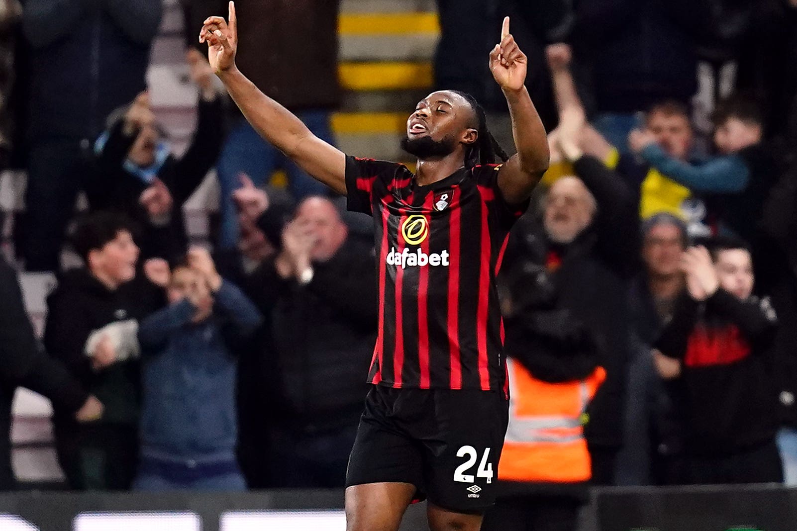 Antoine Semenyo celebrates scoring Bournemouth’s fourth (John Walton/PA)