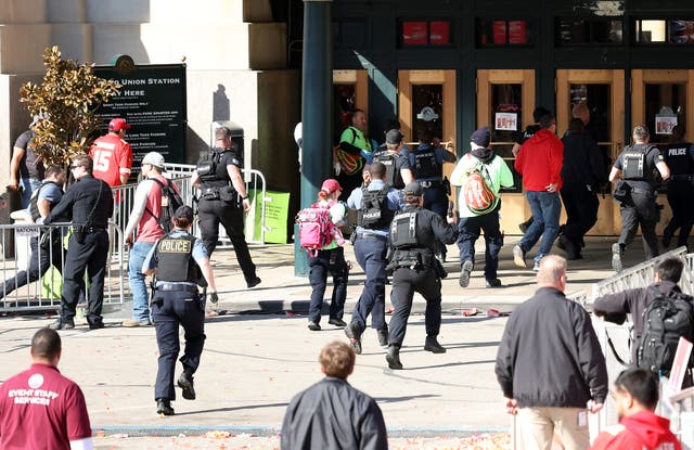 <p> Law enforcement responds to a shooting at Union Station during the Kansas City Chiefs Super Bowl LVIII victory parade on February 14, 2024 in Kansas City, Missouri. </p>