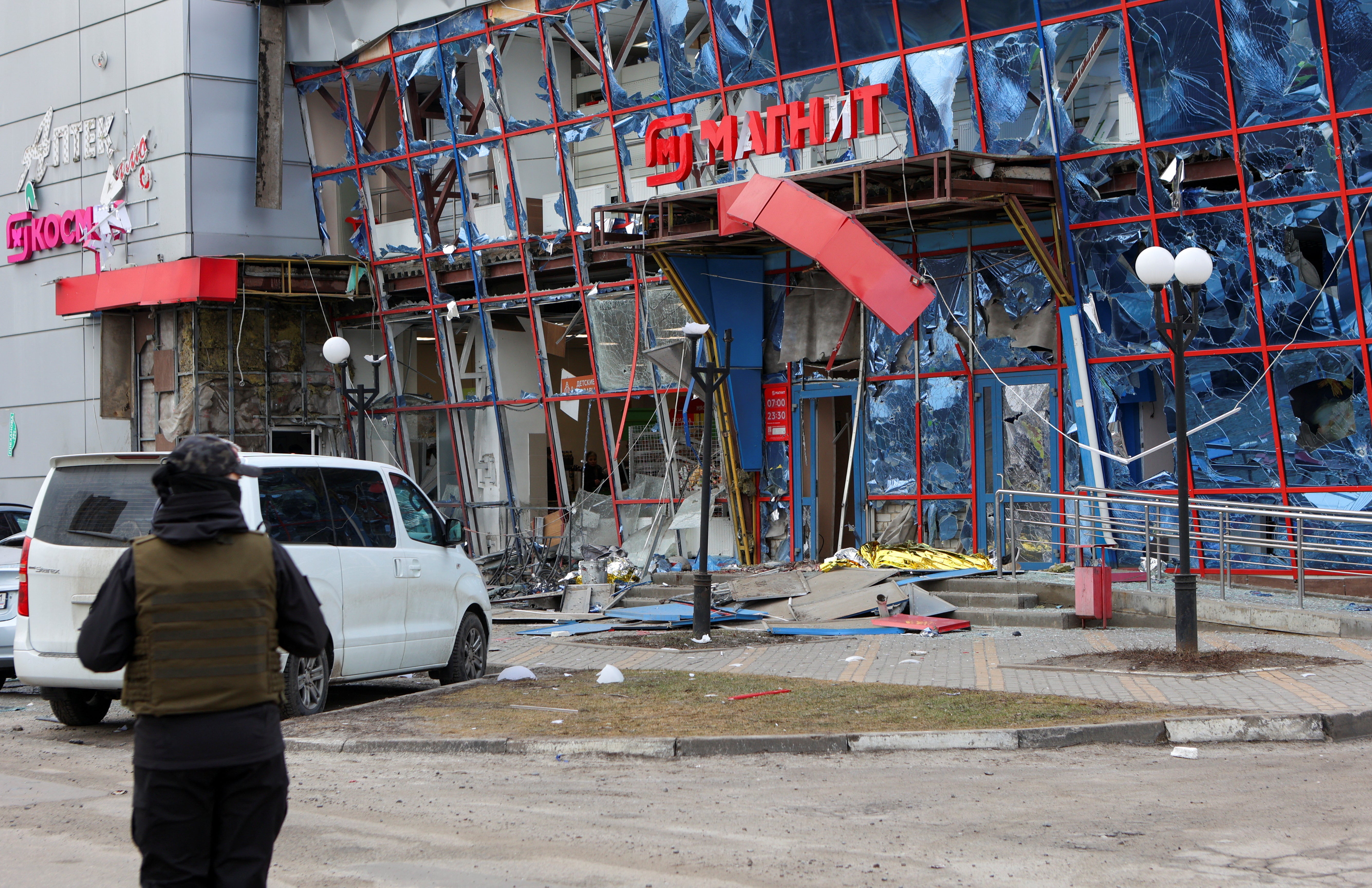 A heavily damaged shopping centre hit by a missile strike, in Belgorod, Russia, last month