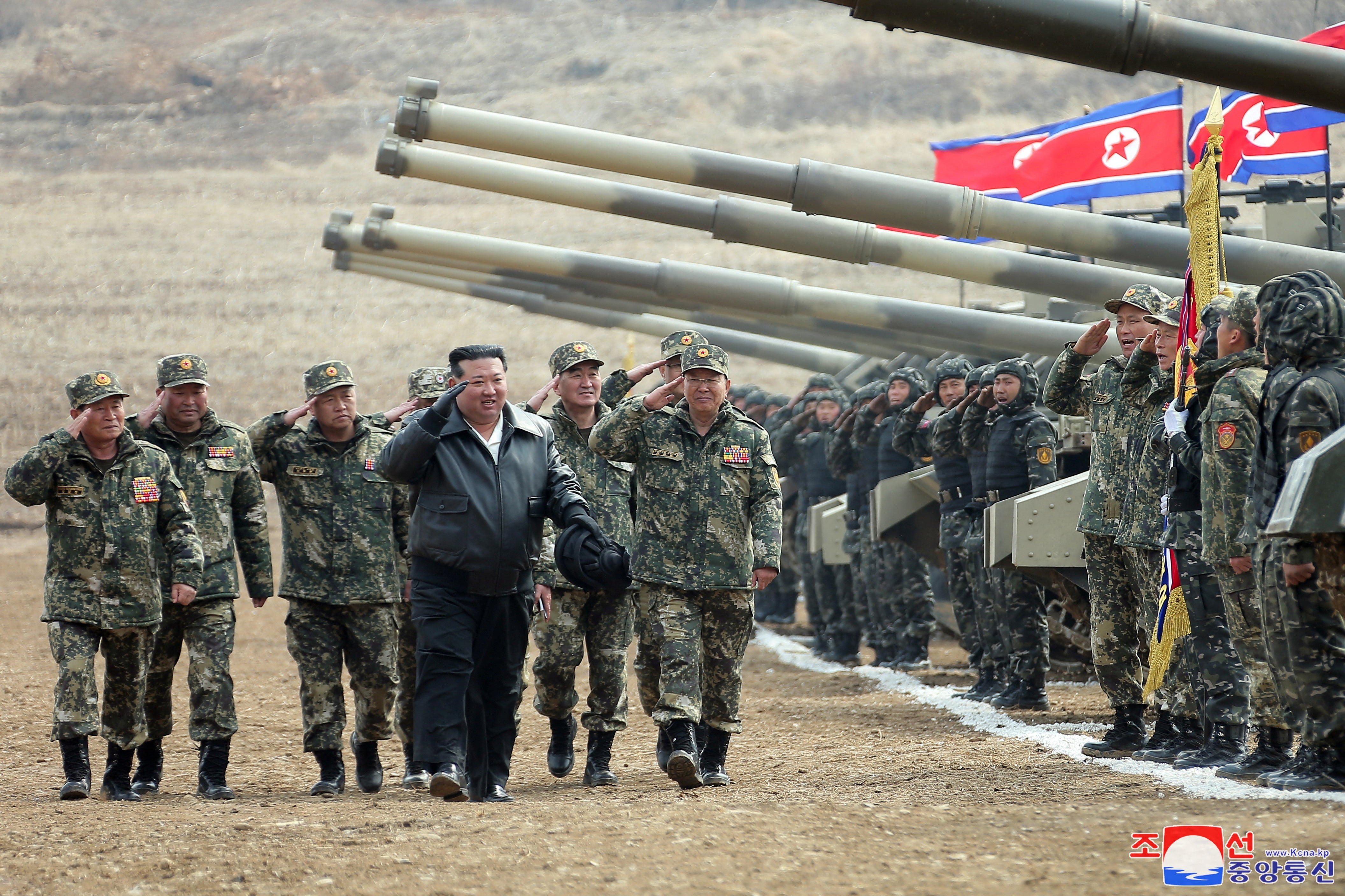 North Korean leader Kim Jong Un guides a military demonstration involving tank units, in North Korea