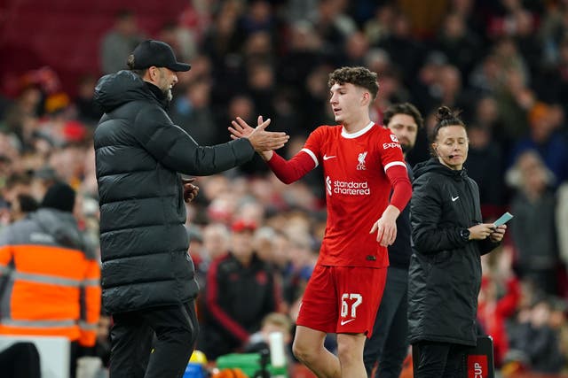 Lewis Koumas (left) is congratulated by manager Jurgen Klopp after his goalscoring performance against Southampton in the FA Cup last month (Peter Byrne/PA)