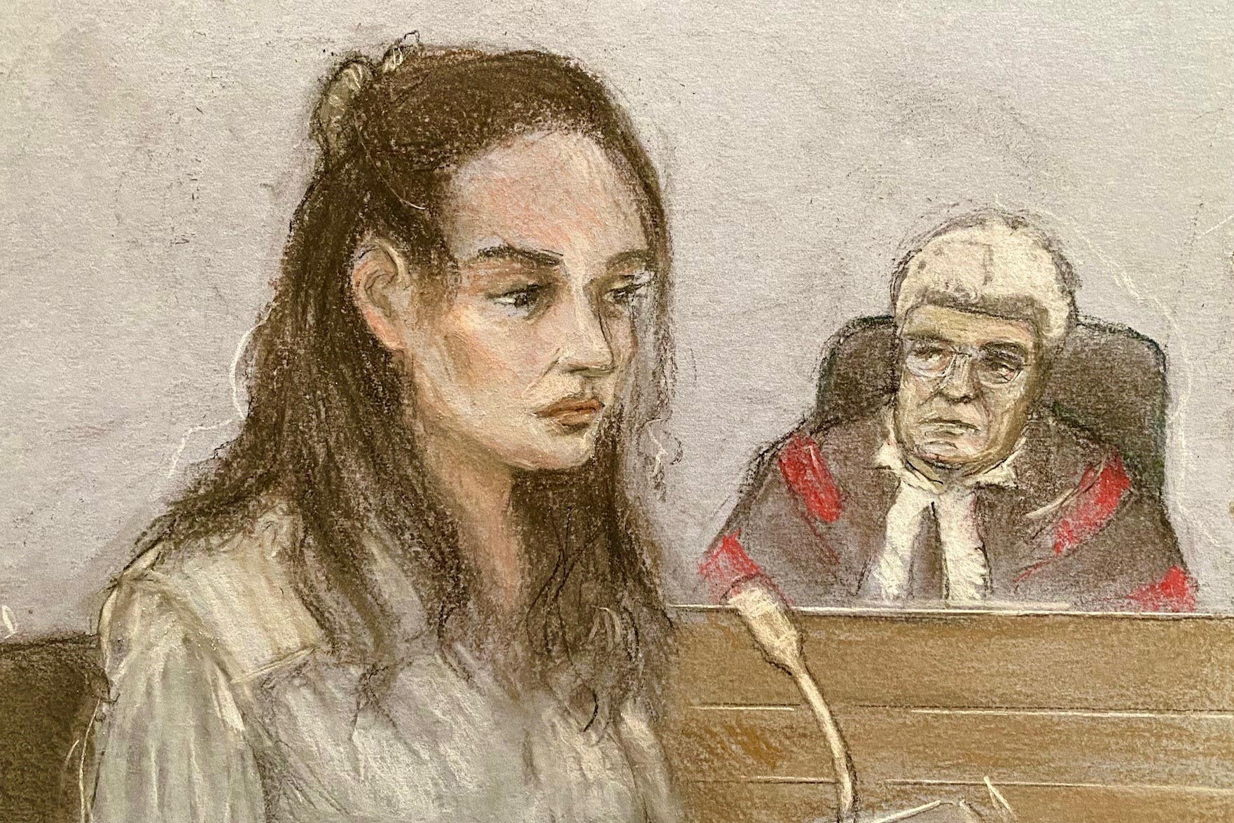 Court artist sketch of Constance Marten appearing at the Old Bailey