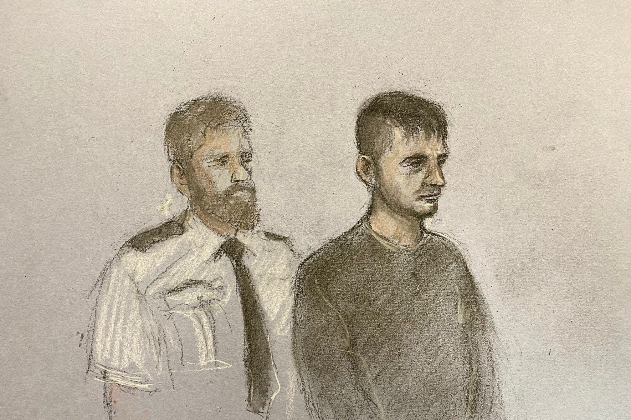 Court artist sketch of Jake Hill in the dock at Truro Magistrates’ Court charged with murder (Elizabeth Cook/PA)