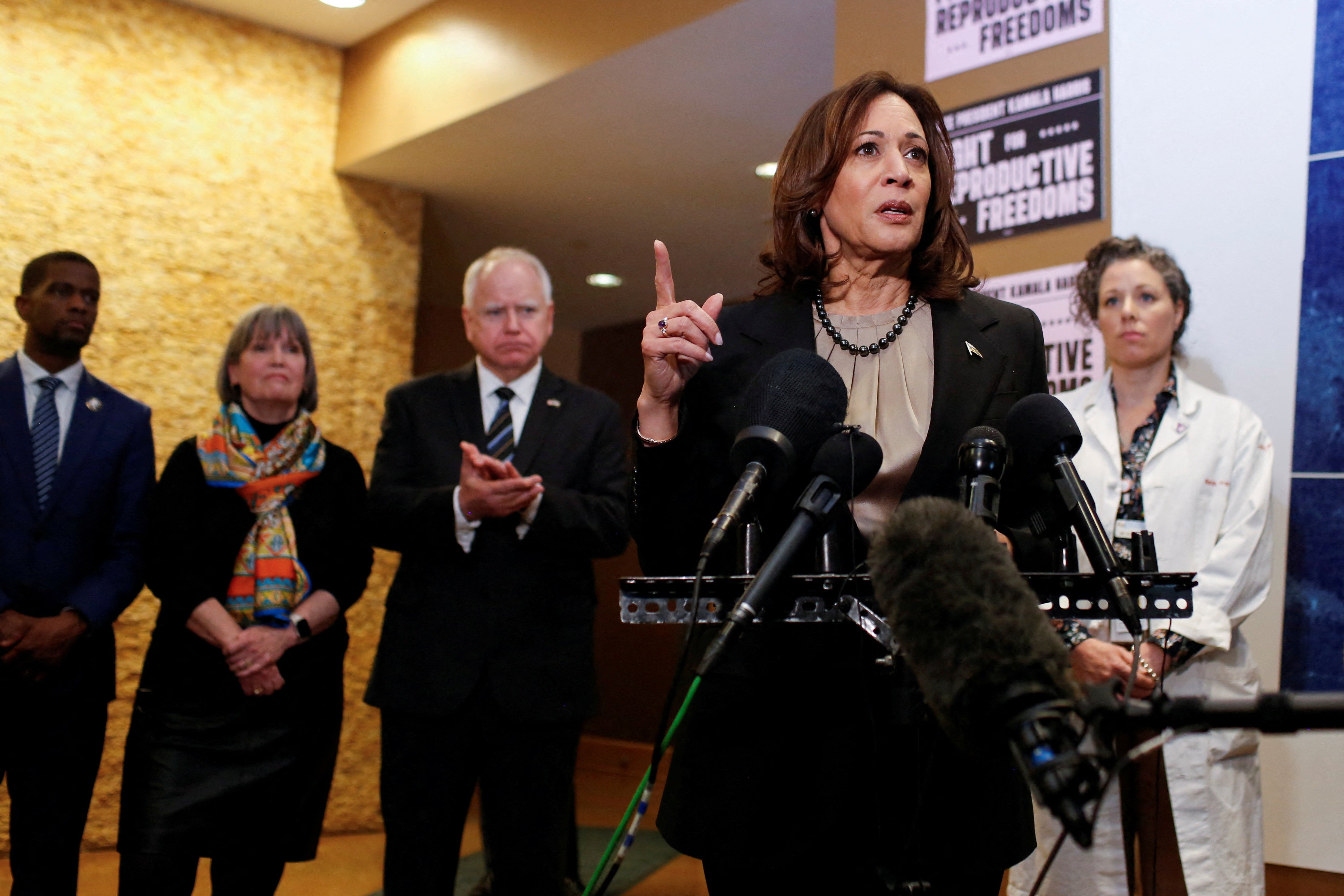 Kamala Harris speaks during a visit to the St Paul Health Center