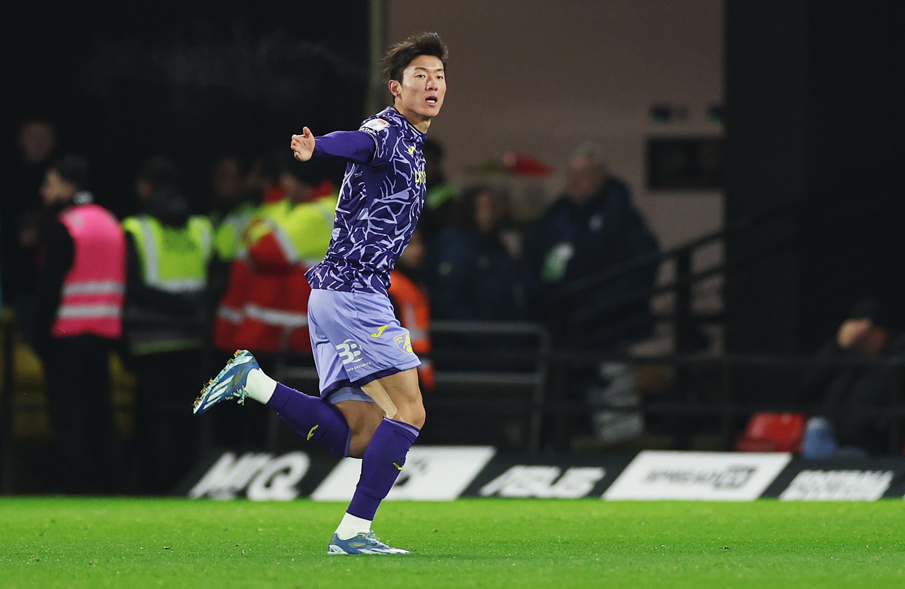 Hwang Ui-jo Norwich City celebrates after scoring the team’s second goal during the Sky Bet Championship match between Watford and Norwich City at Vicarage Road in 2023