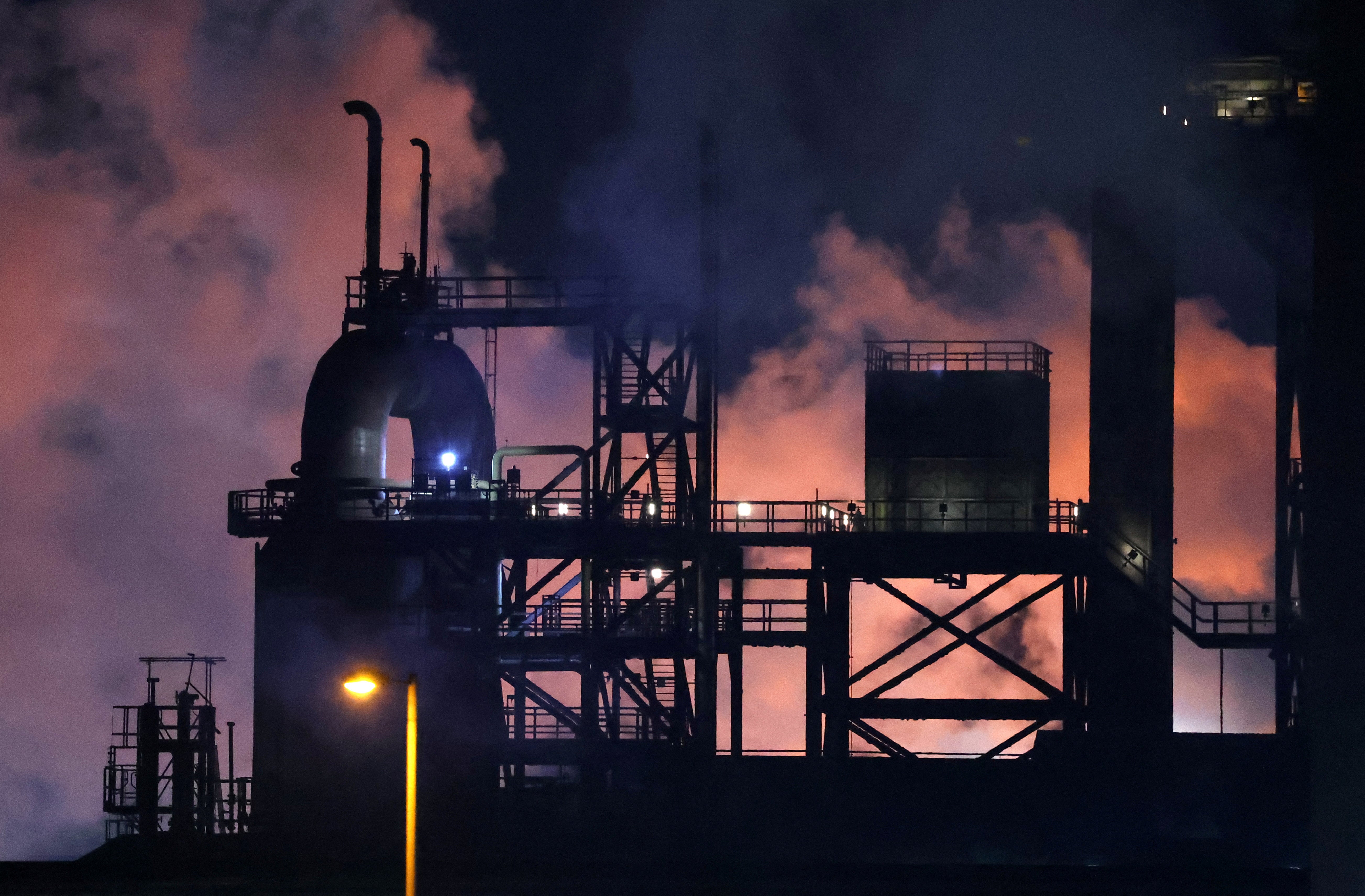 Night is falling on the blast furnace production of steel in south Wales (Toby Melville/Reuters)