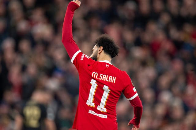 <p>Mohamed Salah of Liverpool celebrates after scoring</p>