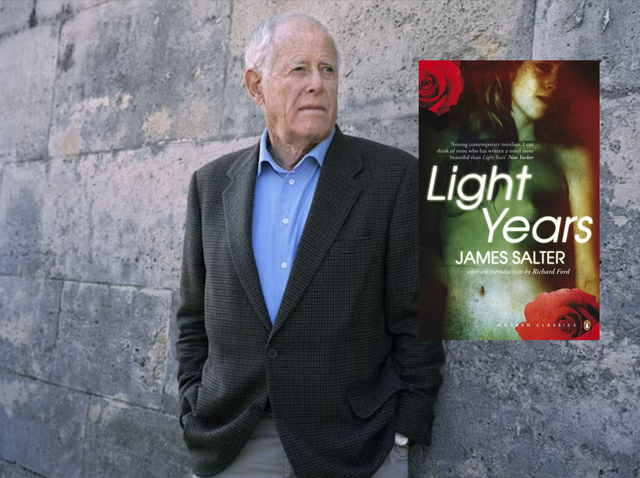 <p>James Salter and the Penguin Modern Classics edition of his fourth novel, ‘Light Years’ </p>