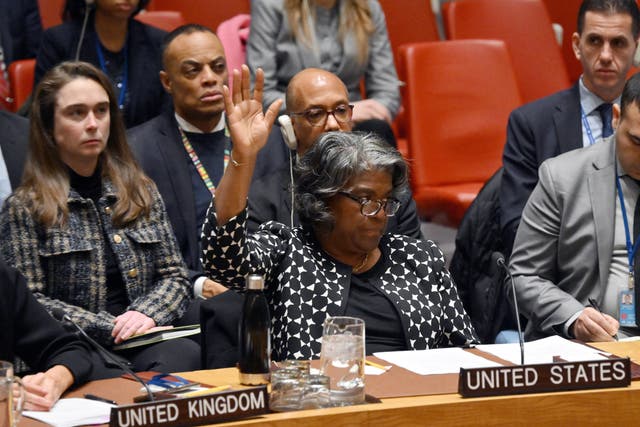 <p>US Ambassador the UN Linda Thomas-Greenfield raises her hand at a February meeting, vetoing a ceasefire resolution</p>
