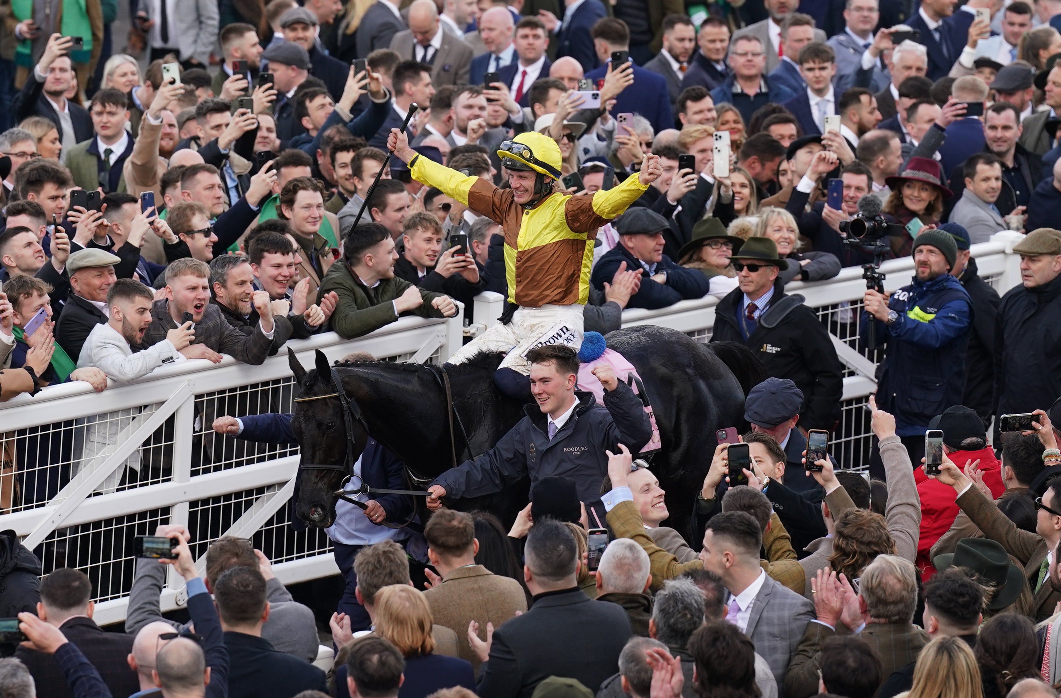 Paul Townend celebrates aboard Galopin Des Champs after winning the Cheltenham Gold Cup on Friday