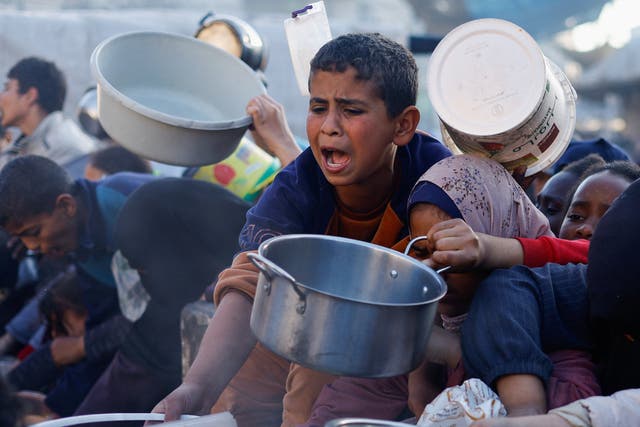 <p>Palestinian children wait to receive food in Rafah</p>