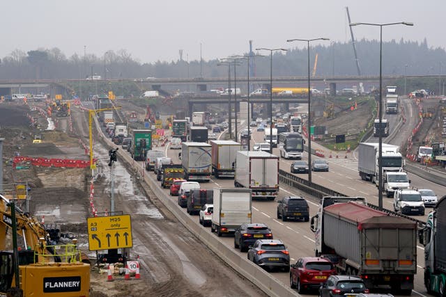 A view of traffic approaching junction 10 of the M25 in Surrey on Monday March 11 (Gareth Fuller/PA)