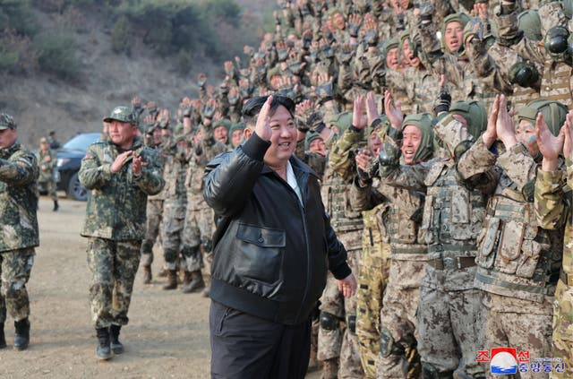 <p> North Korean leader Kim Jong-un (C) inspecting a training exercise of the Korean People’s Army at an undisclosed location</p>