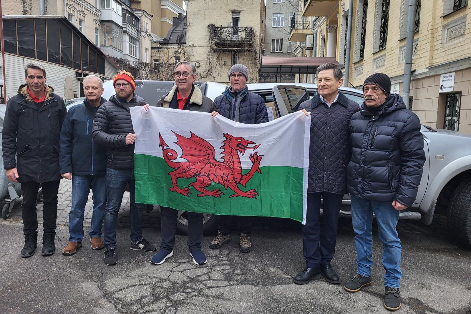 (From left to right) Jan Michaelis, Roman Kozak, Carwyn Donovan, Mick Antoniw, Wayne Thomas and two miners from Pavlohrad in Kyiv