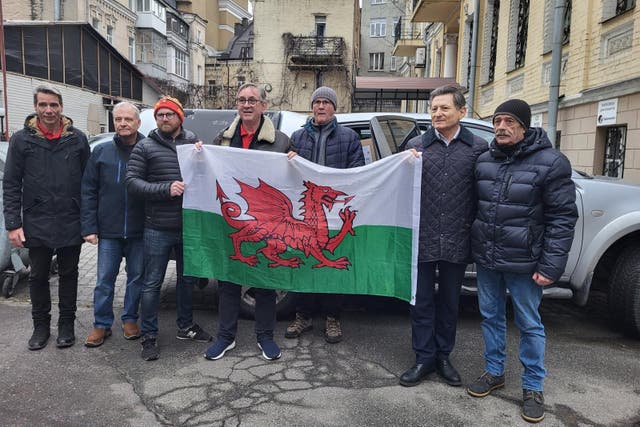 <p>(From left to right) Jan Michaelis, Roman Kozak, Carwyn Donovan, Mick Antoniw, Wayne Thomas and two miners from Pavlohrad in Kyiv</p>