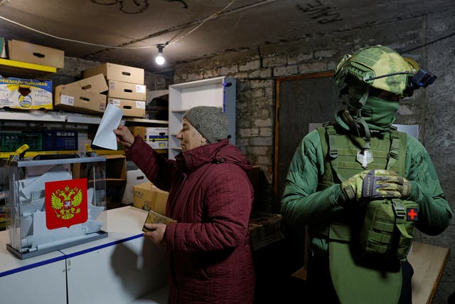 <p> Voting on Saturday in the basement of an apartment block in Avdiivka, the Donetsk Region   </p>