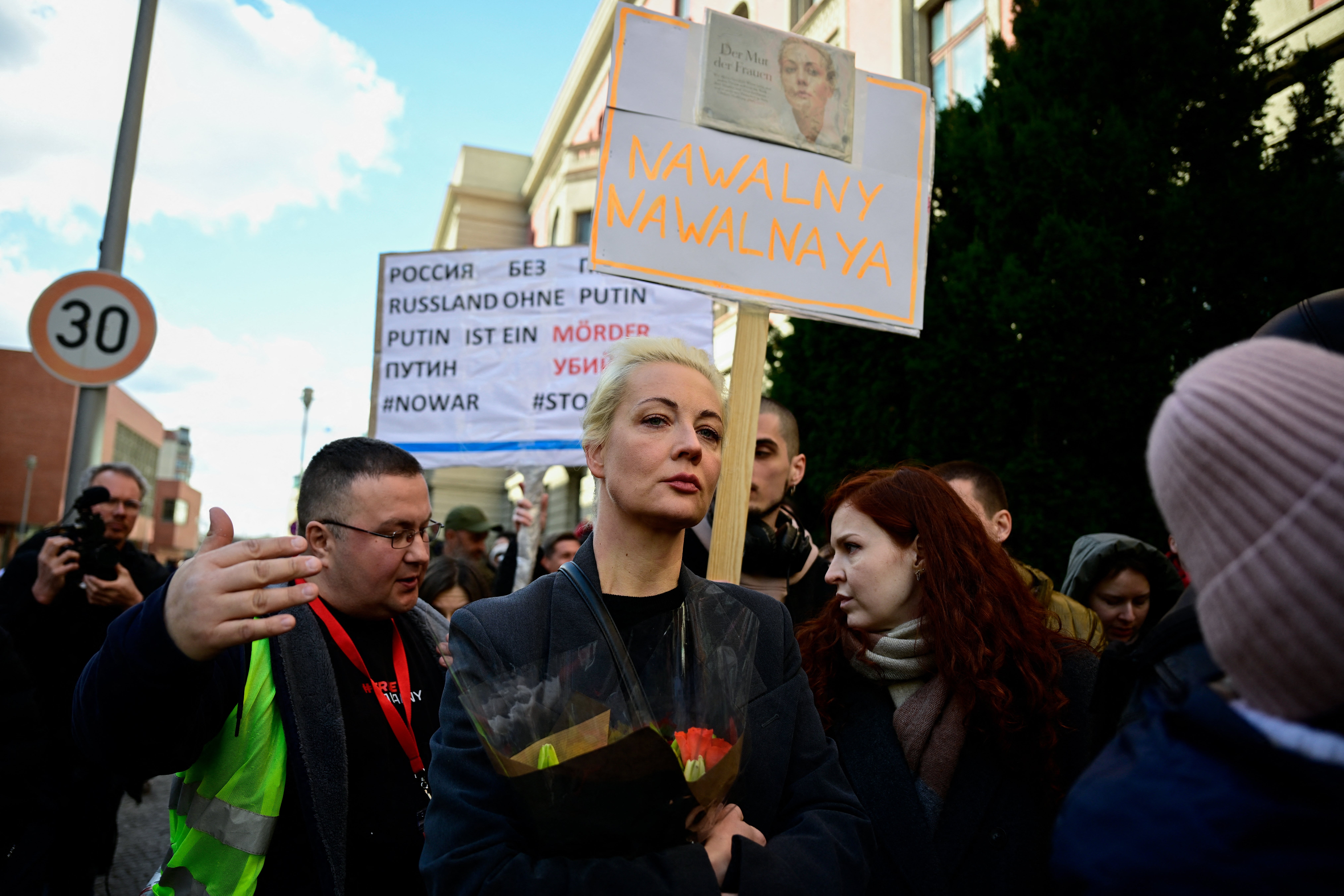 Yulia Navalnaya, widow of the late Kremlin opposition leader Alexei Navalny, attends a rally next to the Russian embassy in Berlin