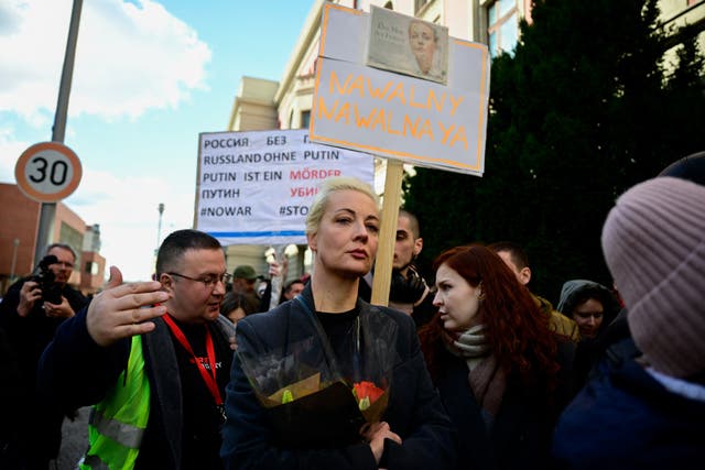<p>Yulia Navalnaya, widow of the late Kremlin opposition leader Alexei Navalny, attends a rally next to the Russian embassy in Berlin</p>