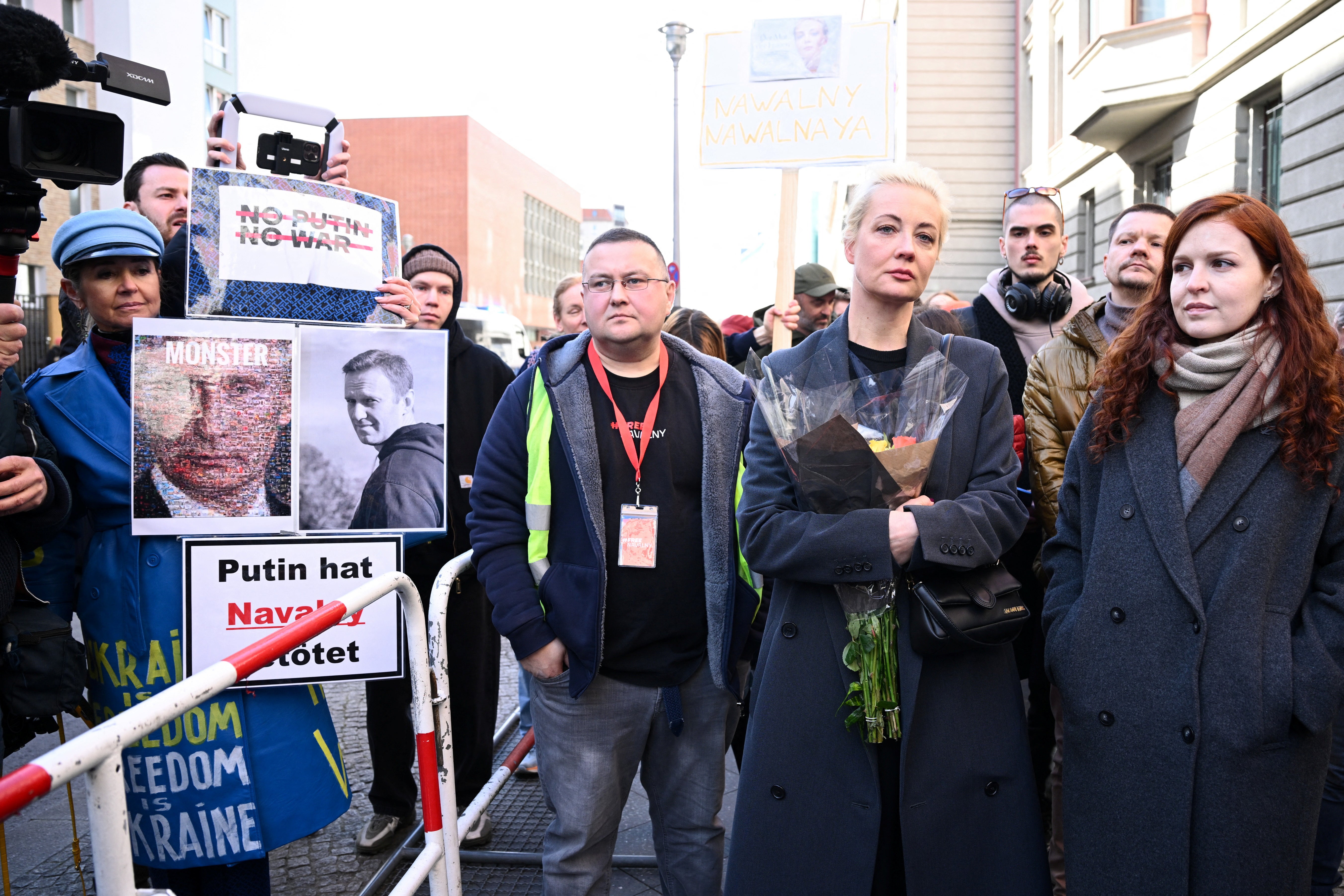Yulia Navalnaya, the widow of Alexei Navalny, the Russian opposition leader who died in a prison camp, stands in a queue outside the Russian Embassy on the final day of the presidential election in Russia, in Berlin