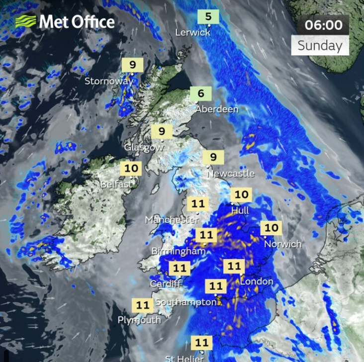 Much of England and Wales awoke to rain on Sunday