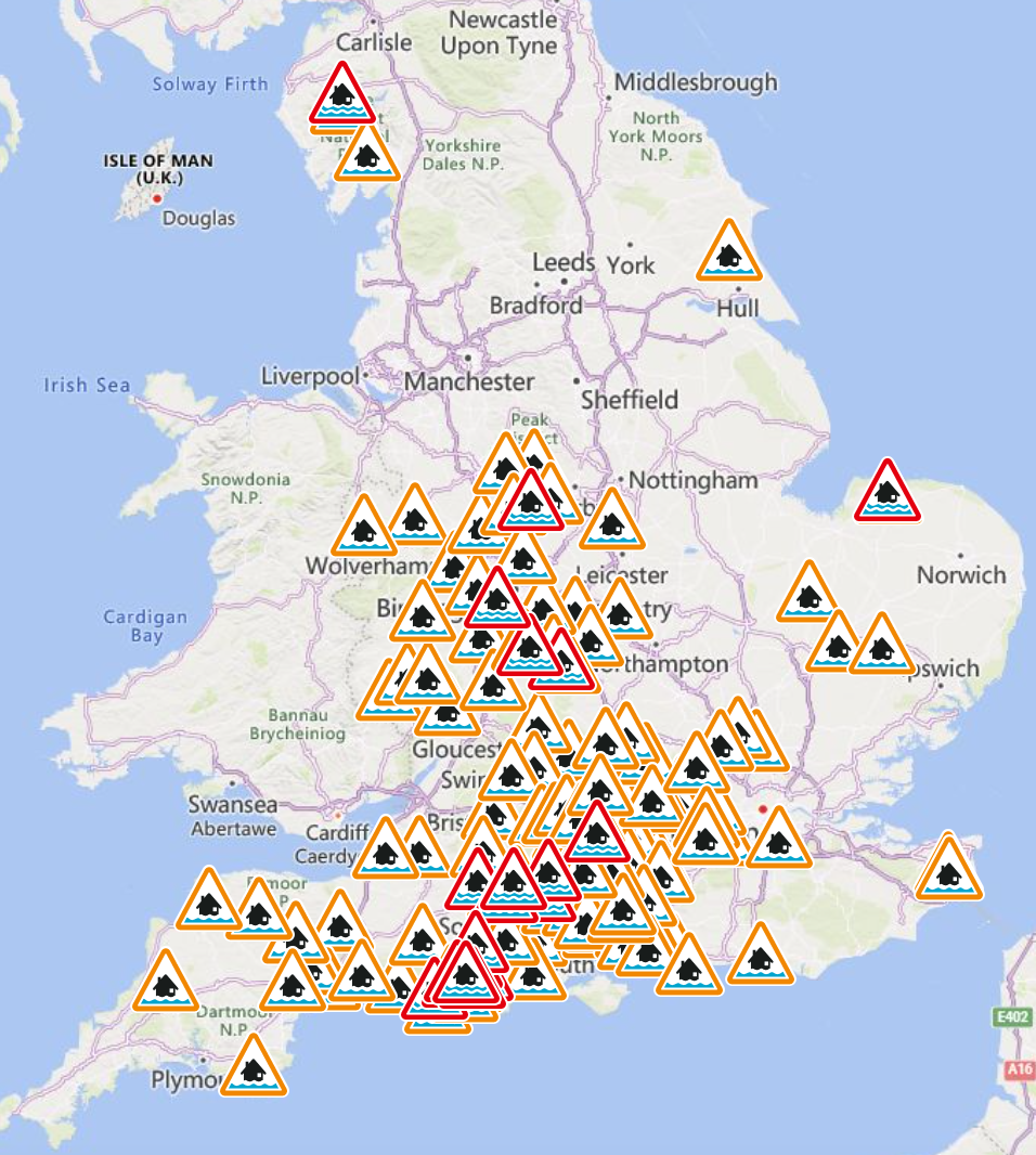 England’s Environment Agency has issued scores of flood warnings and alerts, mainly concentrated in southern and central parts of the UK