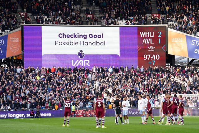 <p>A VAR check for handball went in Aston Villa’s favour... but only after a five-minute wait </p>