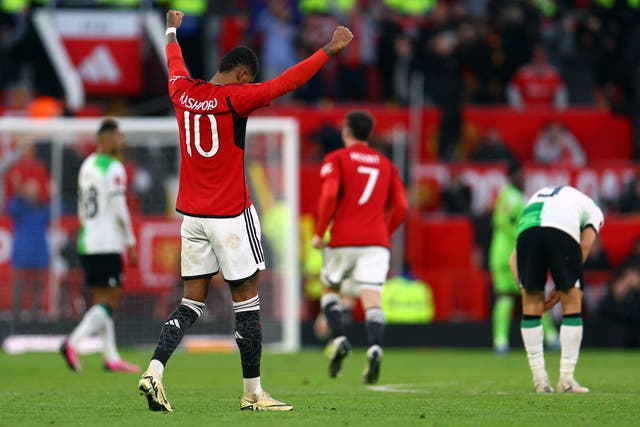 <p>Rashford celebrates after United knocked Liverpool out of the FA Cup </p>
