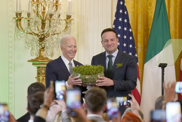 Taoiseach Leo Varadkar and US President Joe Biden during the St Patrick’s Day Reception and Shamrock Ceremony in the the East Room of the White House, Washington DC, during his visit to the US for St Patrick’s Day (Niall Carson/PA)