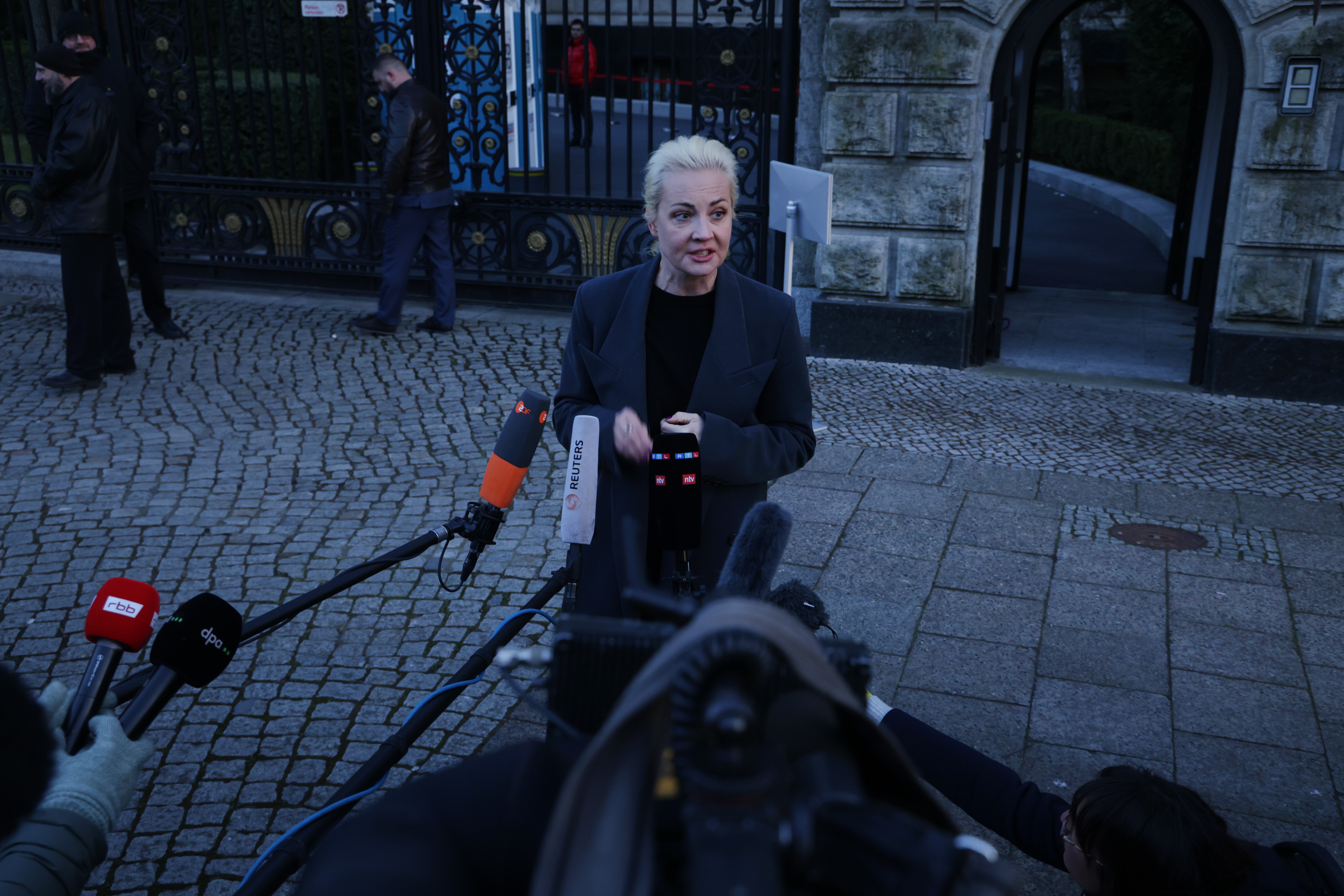 Yulia Navalnaya, widow of Aleksei Navalny, outside the Russian embassy in Berlin after she voted in Russian elections on 17 March 2024