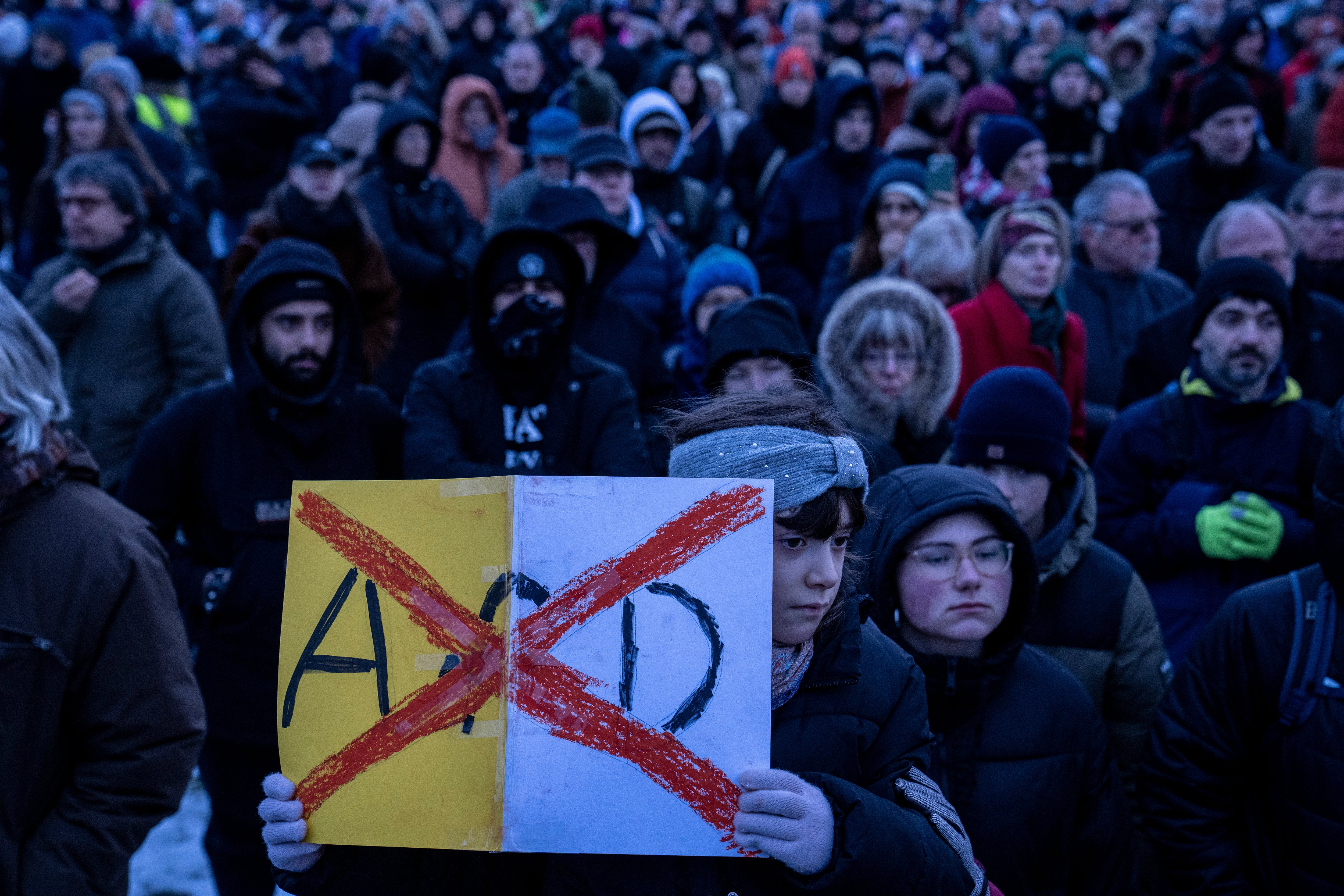 People gather to protest against the far-right Alternative for Germany, or AfD party, and right-wing extremism in front of the parliament building in Berlin, Germany