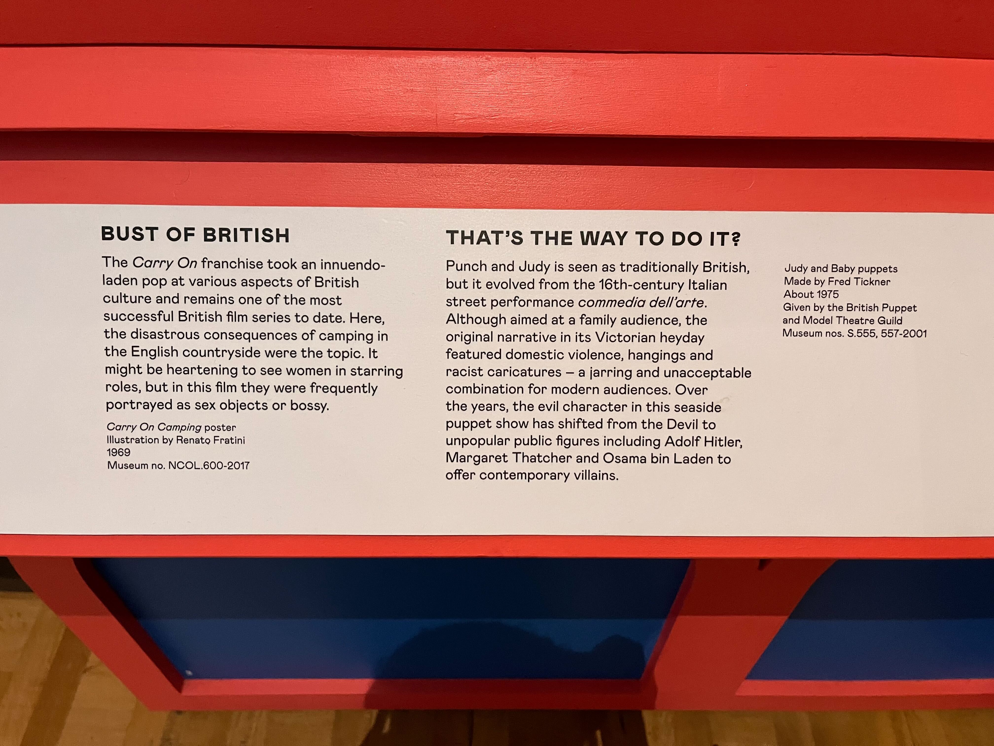 Text displays in the V&A exhibit mention Mrs Thatcher at the same time as Hitler and Bin Laden