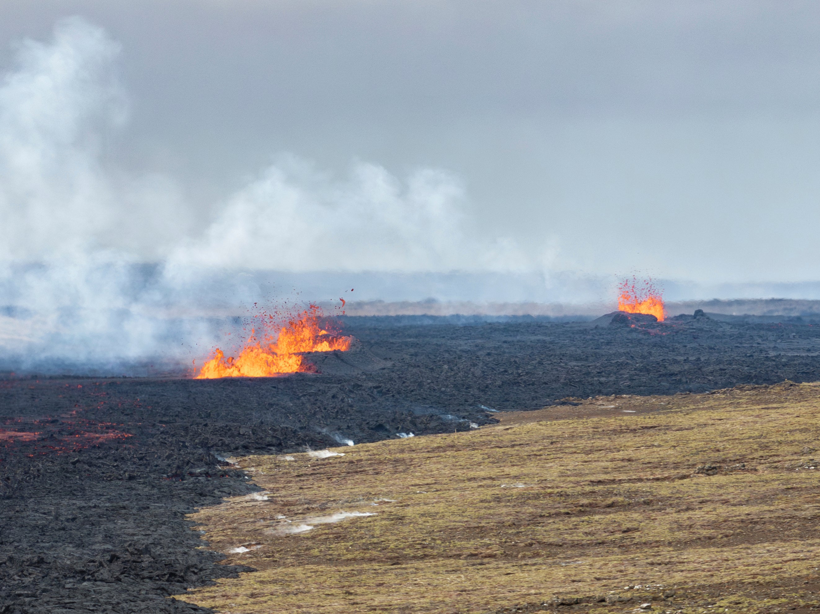 The active vents on the eruptive fissure in Iceland, pictured on Sunday