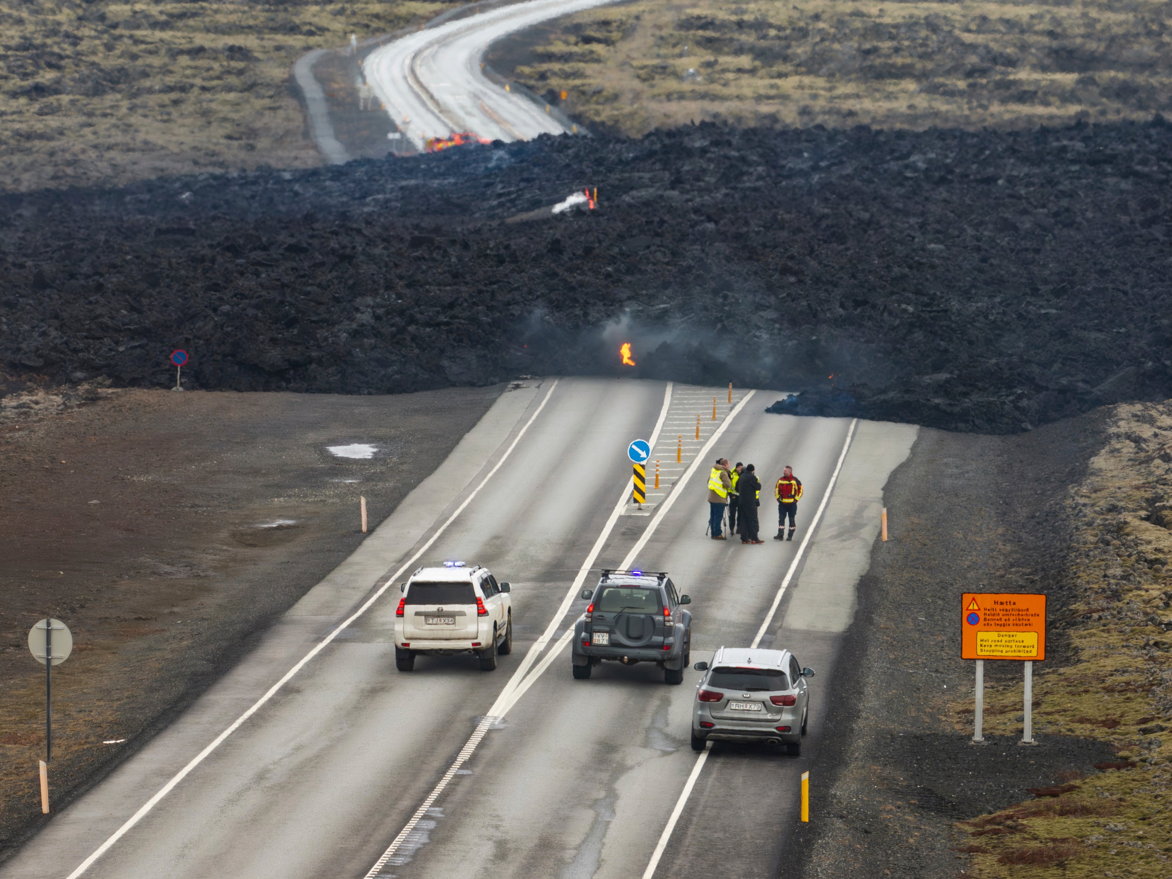 The lava flow that crossed Grindavikurvegur, the road to Grindavik in Iceland, on Sunday 17 March