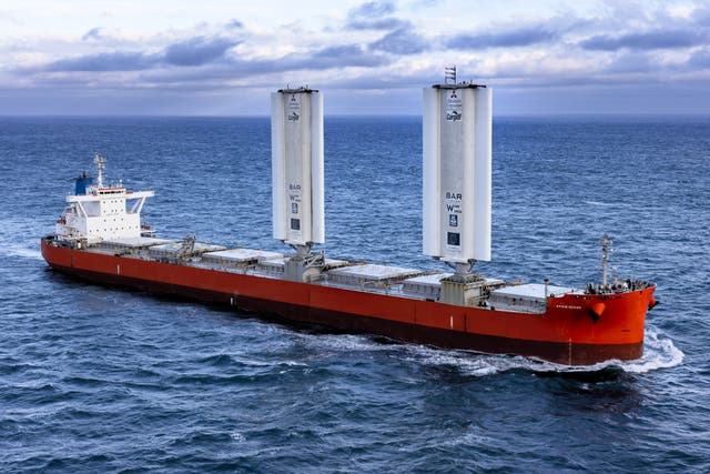 <p>The wind-powered Pyxis Ocean cargo ship sailing in the English Channel in March 2024</p>