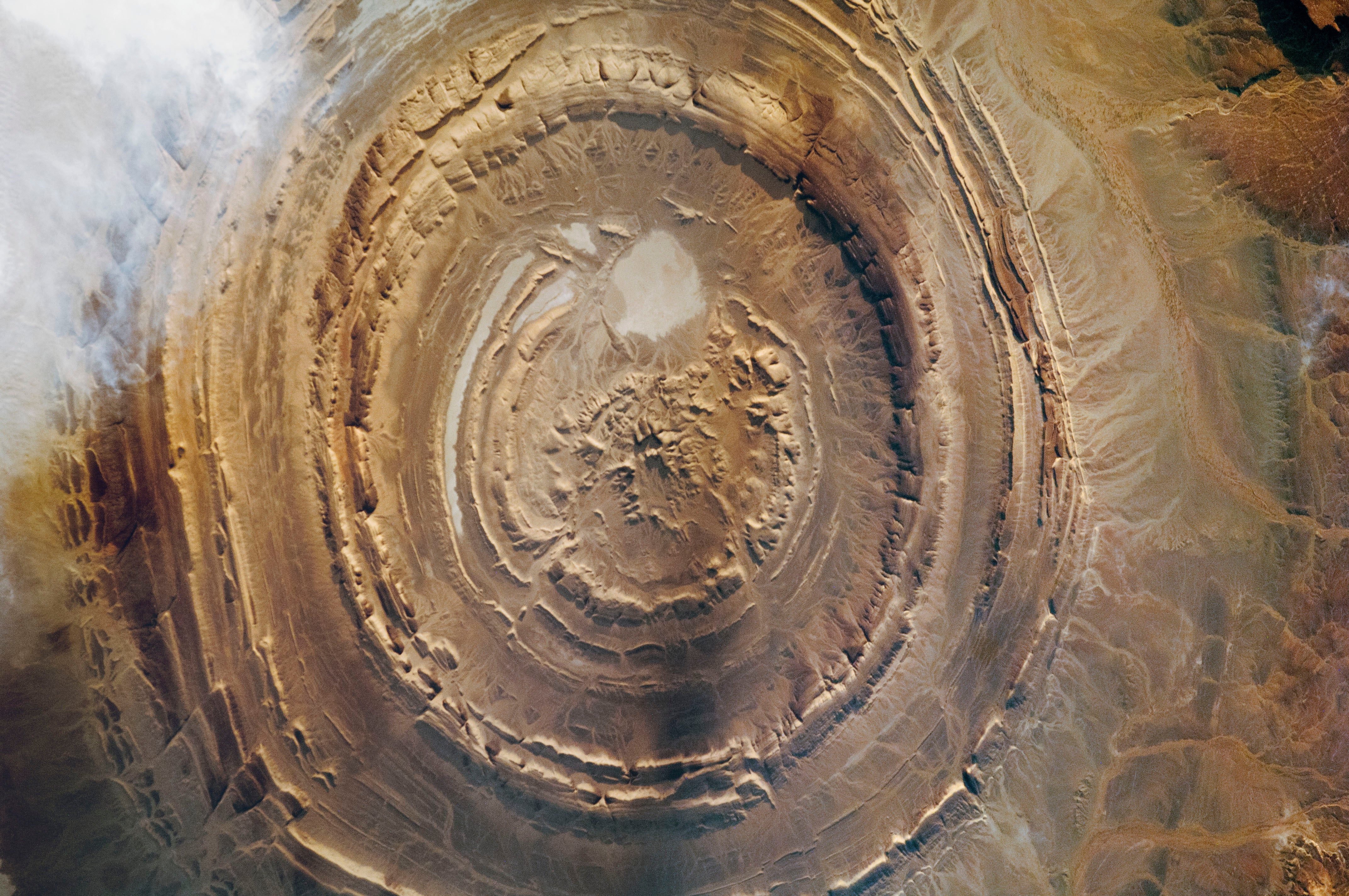 <p>This circular natural feature (the so-called Richat Structure in the Sahara Desert) was once a major prehistoric tool-making and hunting centre for Homo erectus</p>