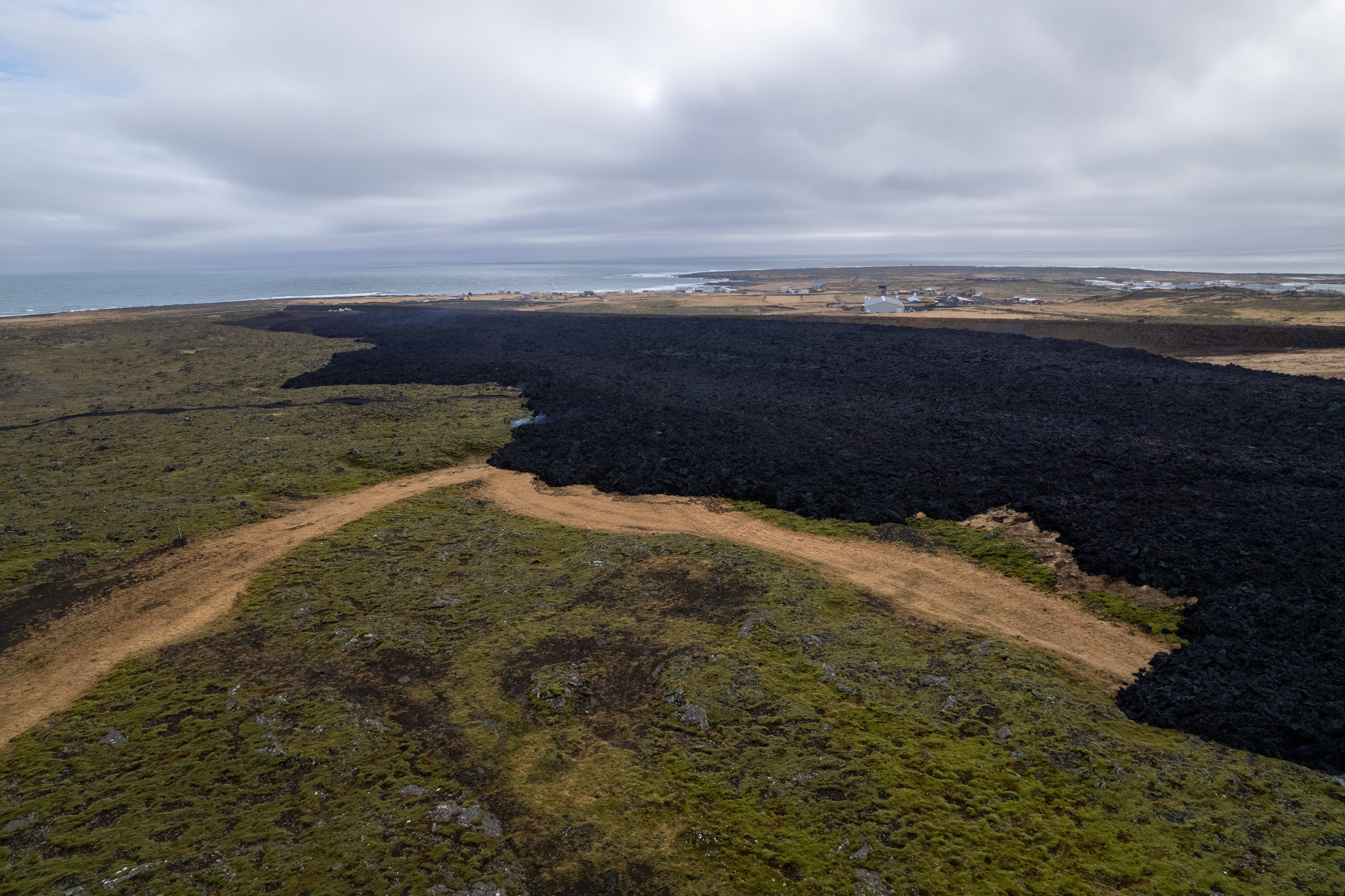 A view of a lava field formed after a volcanic eruption, near Hagafell in the Reykjanes Peninsula on March 17