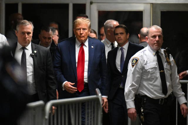 <p>Donald Trump appears inside Manhattan criminal court for a pretrial hearing in his hush money case on 15 February. </p>