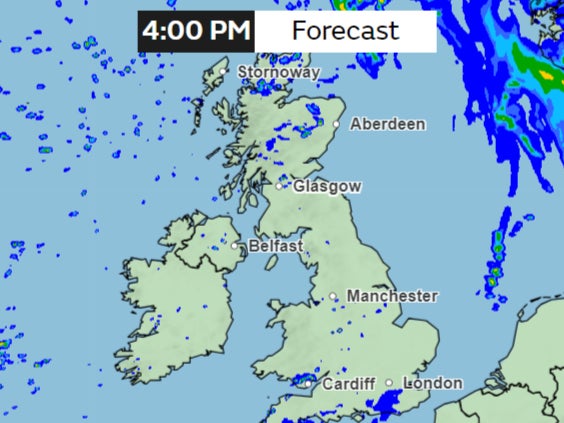 Forecast for 4pm shows rain almost entirely clearing out in the afternoon with some sporadic showers here and there