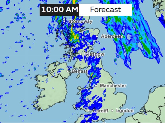 Rainfall forecast for Tuesday morning shows showers across the western parts of the country, with some areas in yellow receiving as much as 8mm per hour of rain, as a band of rain moves across eastwards gradually