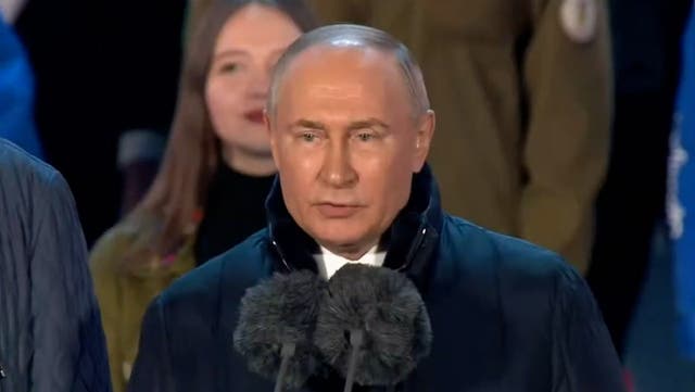 <p>Putin attends concert in Moscow on anniversary of Crimea’s annexation.</p>