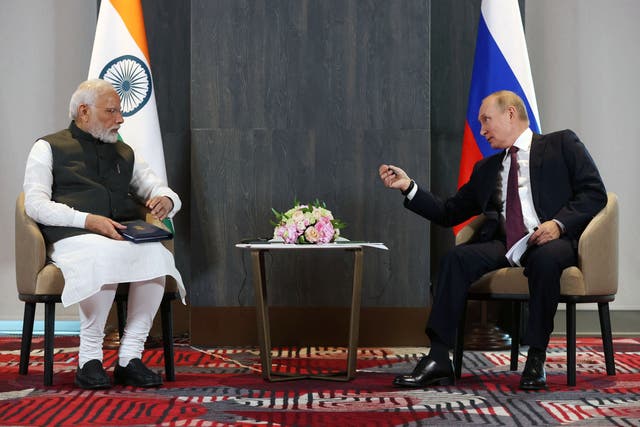<p>Russian president Vladimir Putin meets with India’s Prime Minister Narendra Modi on the sidelines of the Shanghai Cooperation Organisation in 2022</p>