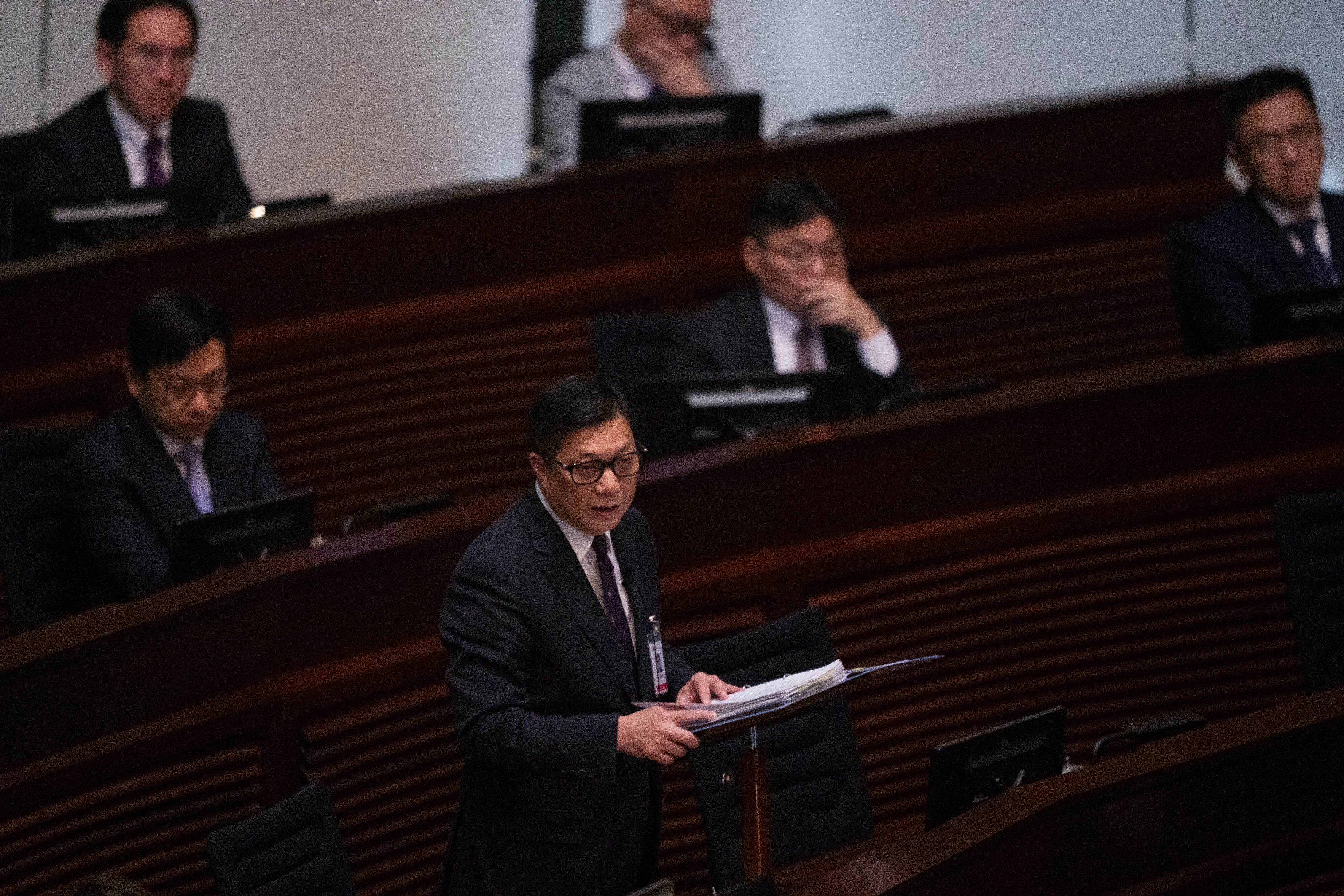 Hong Kong secretary for security Chris Tang speaks during the second reading of the Basic Law Article 23 legislation