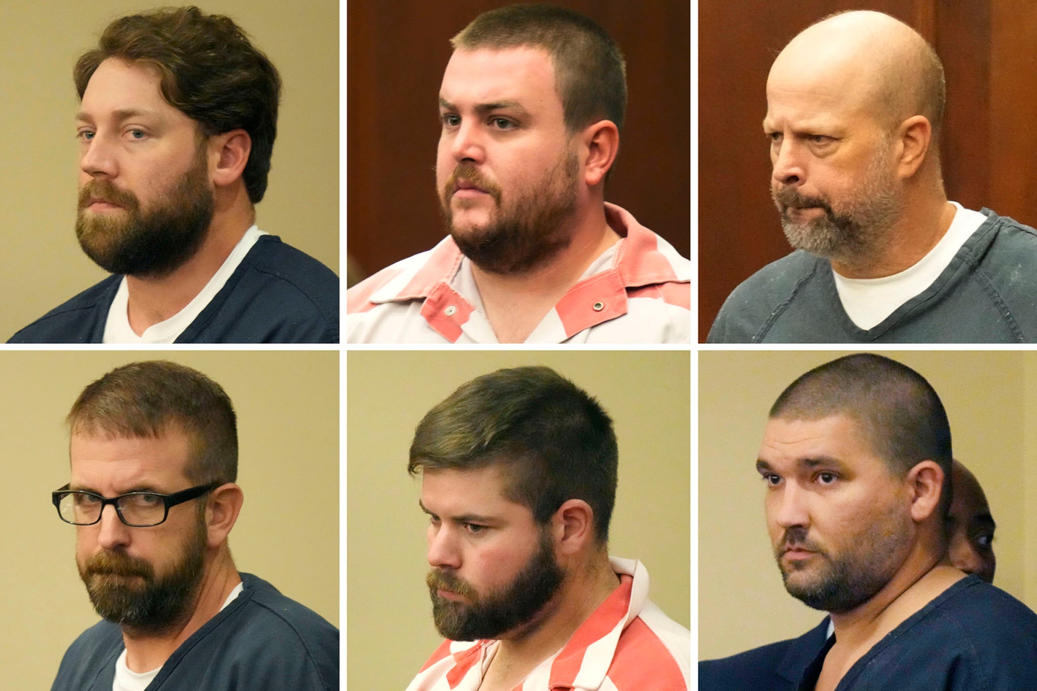 This combination of photos shows top row L-R former Rankin County sheriff’s deputies Hunter Elward, Christian Dedmon, Brett McAlpin and bottom row L-R Jeffrey Middleton, Daniel Opdyke and former Richland police officer Joshua Hartfield appearing at the Rankin County Circuit Court in Brandon, Mississippi on 14 August, 2023
