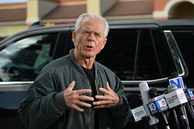 <p>Peter Navarro, White House trade advisor to former US President Donald Trump, speaks to the press at the Country Mall Plaza before reporting to the Federal Correctional Institution, in Miami, Florida on March 19, 2024</p>
