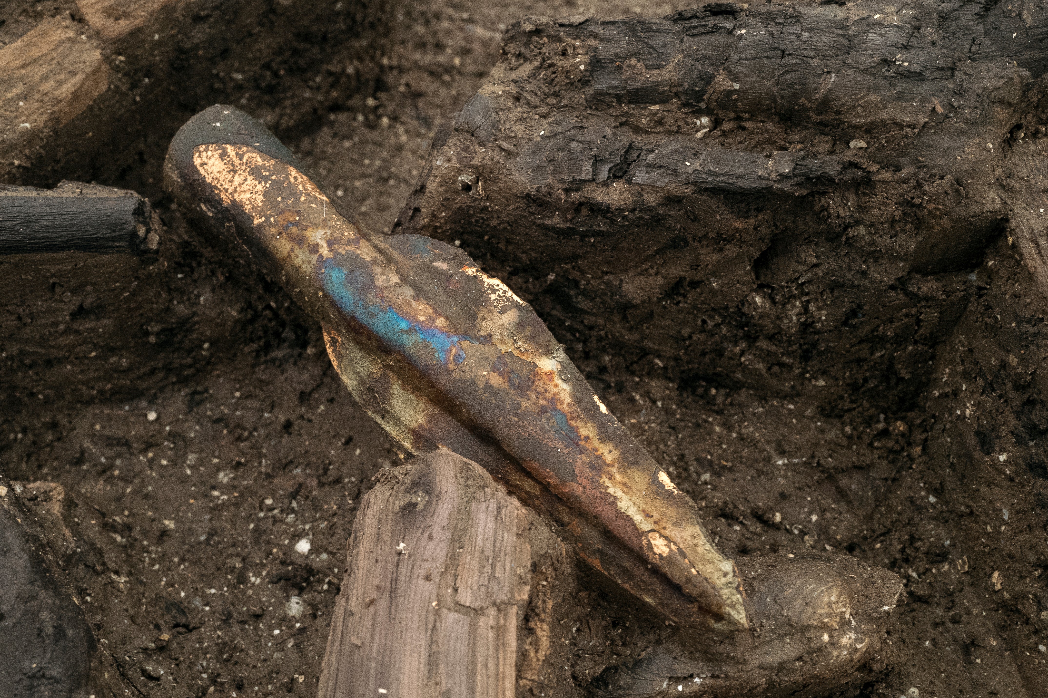 A spearhead discovered at the Must Farm quarry excavation site in Cambridgeshire