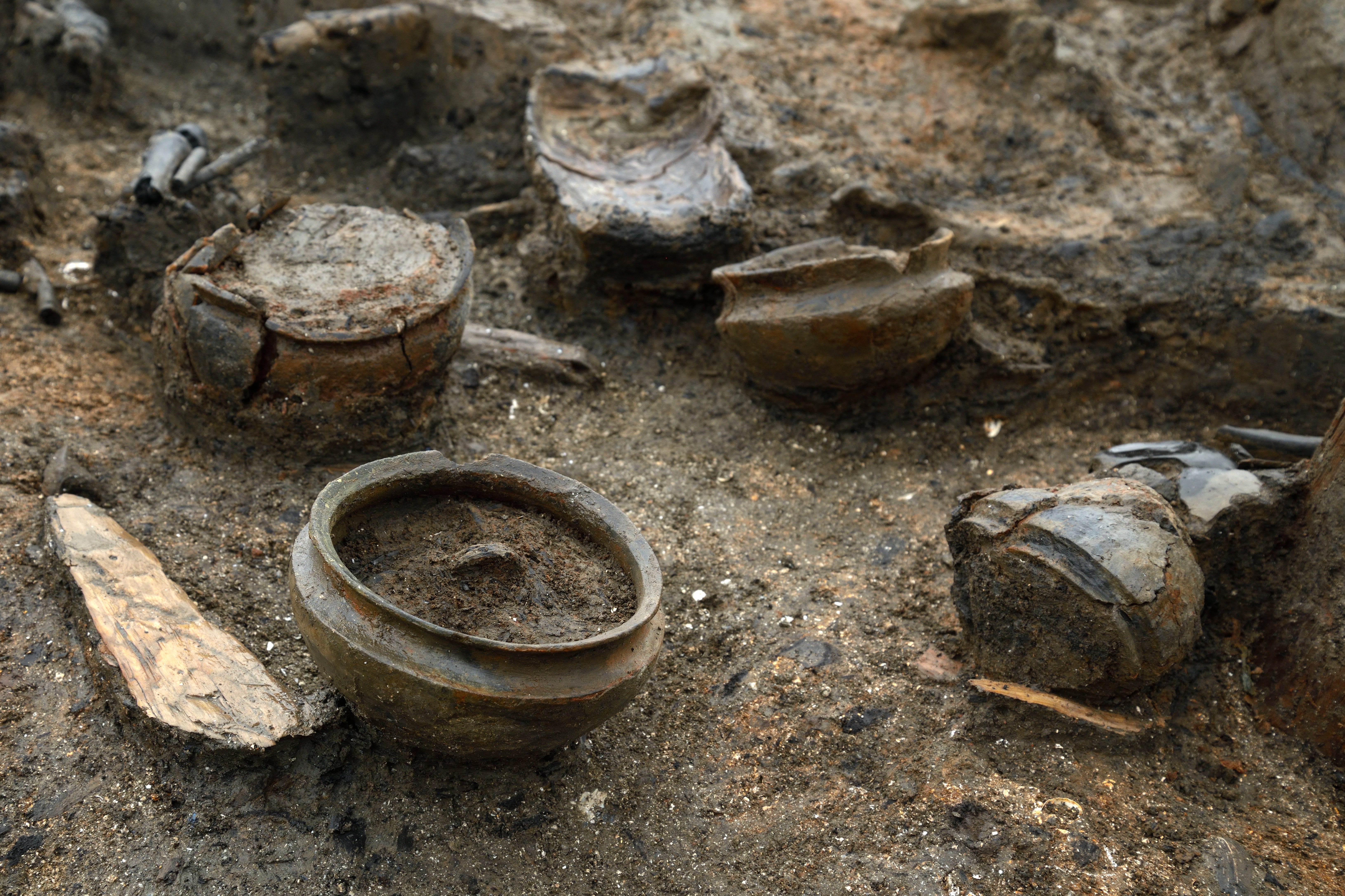 An array of Bronze Age pots found at the Must Farm quarry excavation site