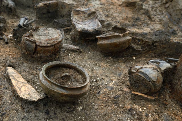 <p>An array of Bronze Age pots found at the Must Farm quarry excavation site </p>