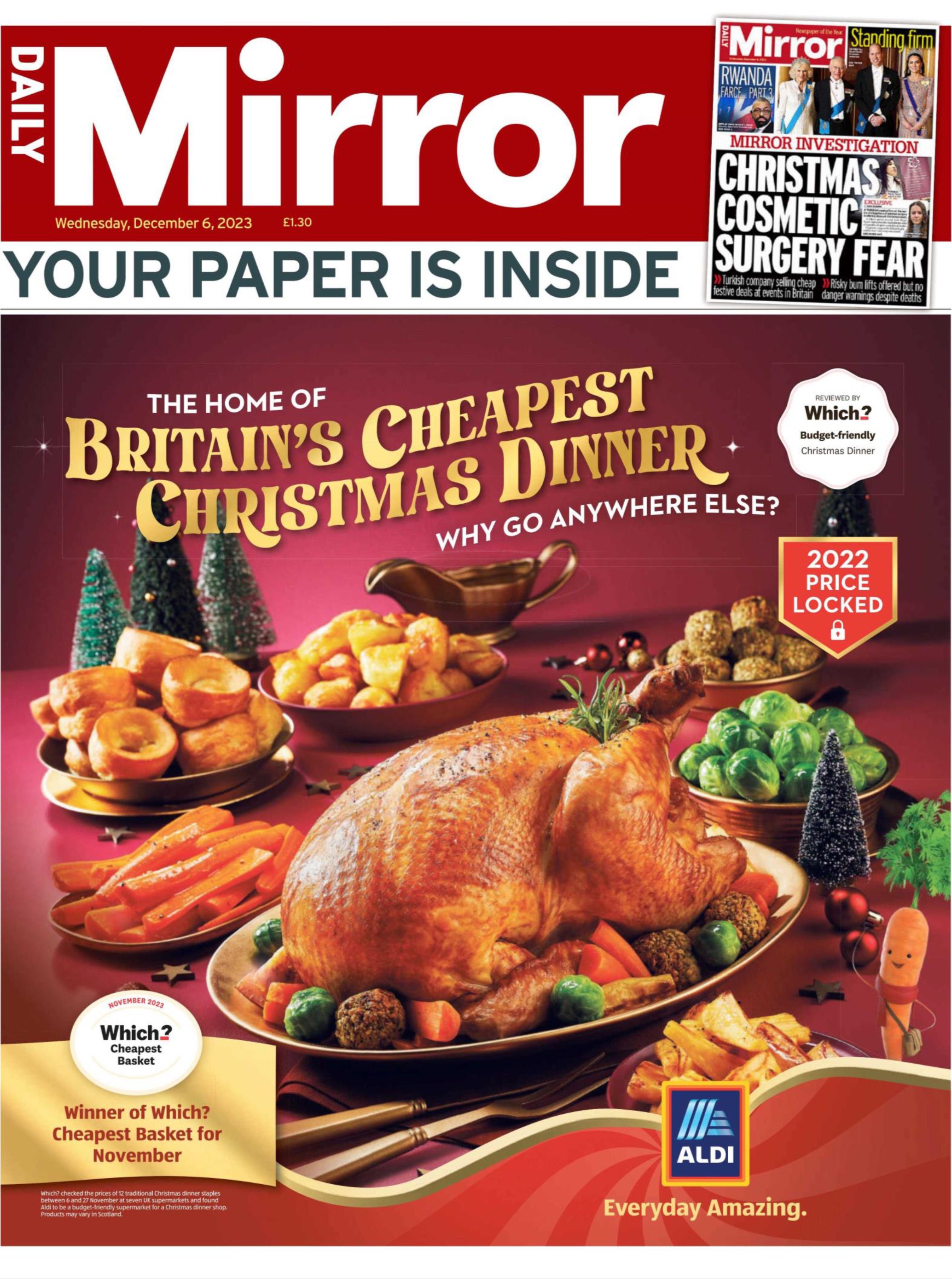 The front page of four-page wrap-around national newspaper ad, published on December 6, for Aldi claiming the discounter was the 'home of Britain’s cheapest Christmas dinner’