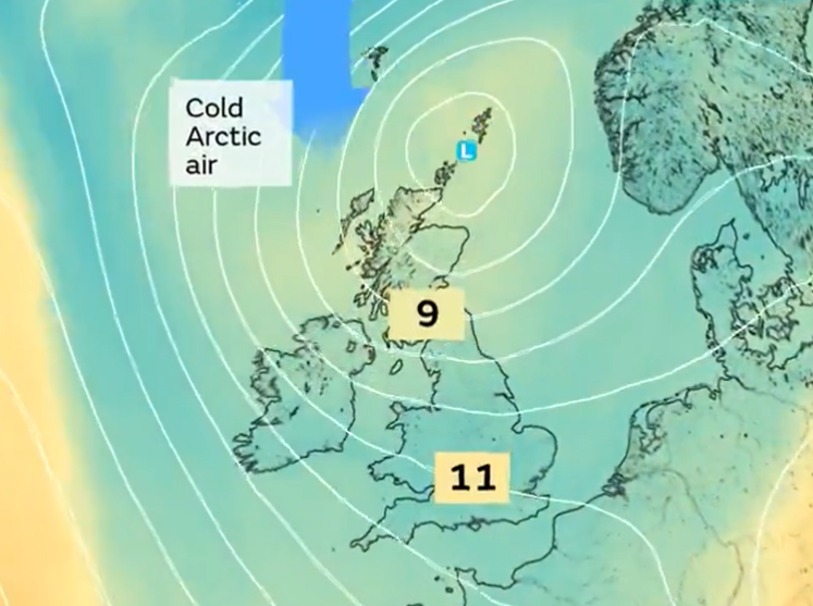 The Met Office is forecasting the arrival of cold air from the Arctic on Friday which will bring down temperatures across the UK